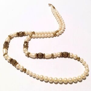 1928 Jewelry Co 34" Faux Pearl Necklace with Gold Tone Bead Stations